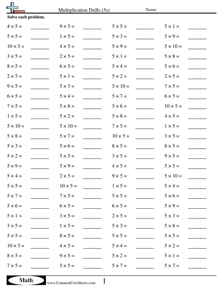 5s (horizontal) Worksheet - Multiplication Drills (5s) worksheet